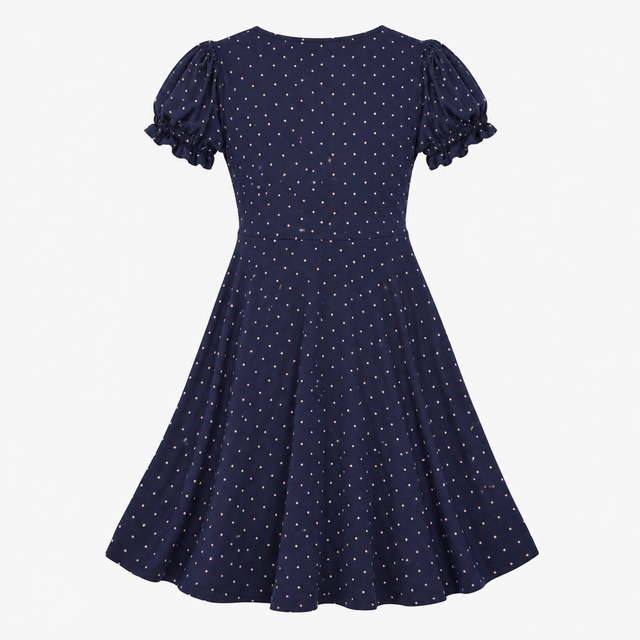 Dress Navy Pink Polka Dot V Neck Midi Fit Flare