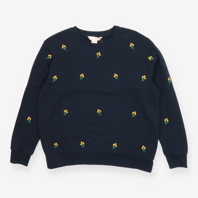 Navy crew neck sweater with embroidered yellow flo