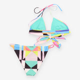 Bikini Set Multicolour Geometric Halter Tie Front
