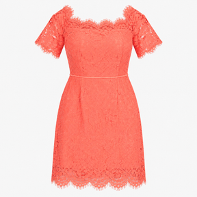 Dress Coral Pink Lace Off Shoulder Short Sleeve Mi