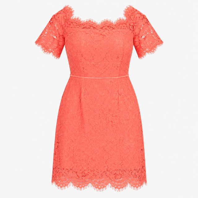 Dress Coral Pink Lace Off Shoulder Short Sleeve Mi
