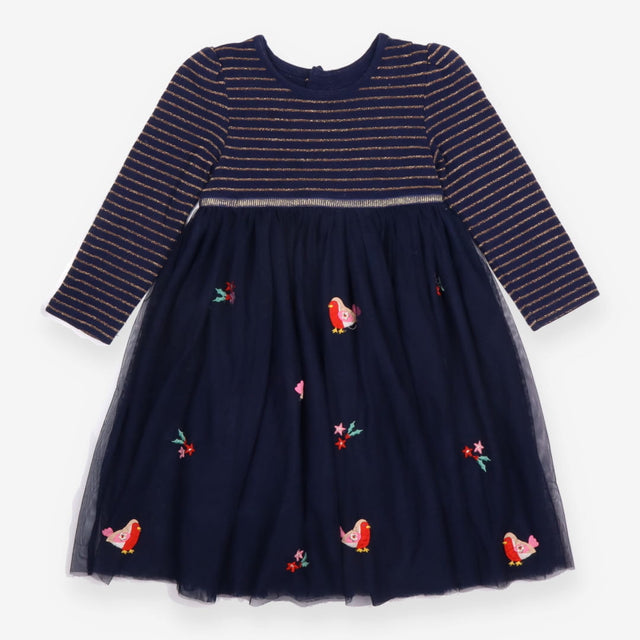 Navy Robins and Holly Dress with Underskirt