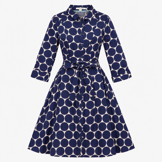 Shirt Dress Navy White Polka Dot Cotton Stretch Be