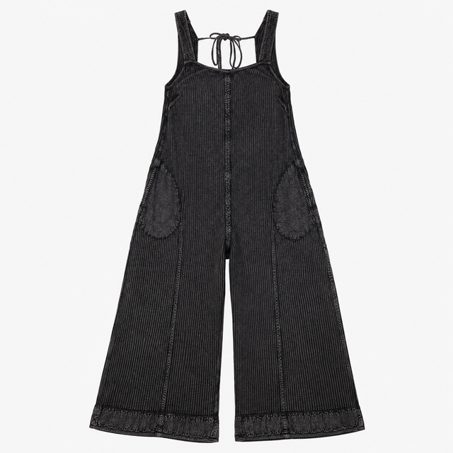 Jumpsuit Black Striped Waffle Cotton Wide Leg