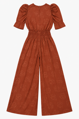 Terracotta Rust Floral Jacquard Puff Sleeve Jumpsu