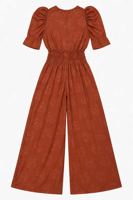 Terracotta Rust Floral Jacquard Puff Sleeve Jumpsu