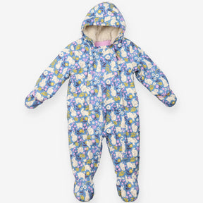 Blue pram suit fleece lined with white bunnies