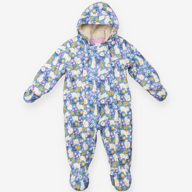 Blue pram suit fleece lined with white bunnies