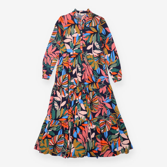 Navy Tropical Botanical Leaf Print Tiered Maxi Shi