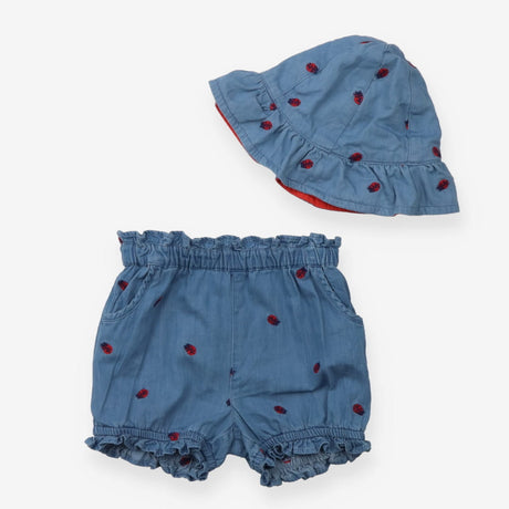 Blue & ladybird woven shorts and hat 2pc