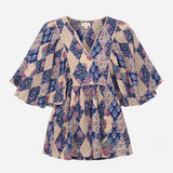 Blue Navy Floral Patchwork 100% Cotton V Neck Wide