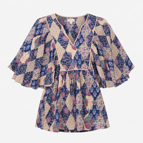 Blue Navy Floral Patchwork 100% Cotton V Neck Wide