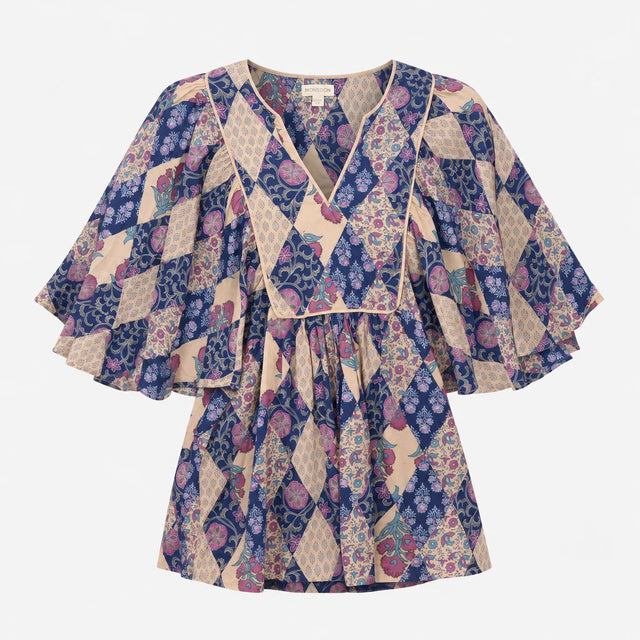 Blue Navy Floral Patchwork 100% Cotton V Neck Wide