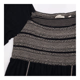Black Cream Embroidered Shirred Dress with Flutter