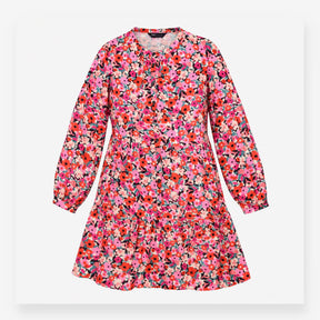 Midi Dress Pink Red Floral Print Button Front Tier