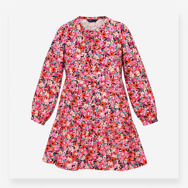 Midi Dress Pink Red Floral Print Button Front Tier