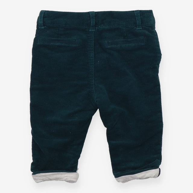 Green cord trousers grey lining
