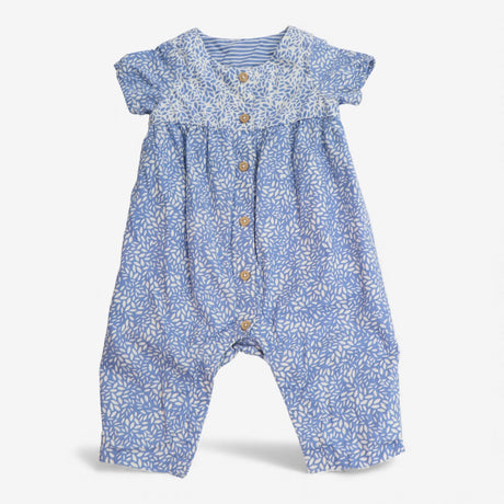 Romper blue and white leaf pattern with wood effec