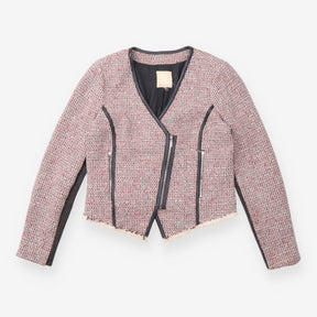 Tweed Jacket Cropped Red Black Zip Detail Raw Hem