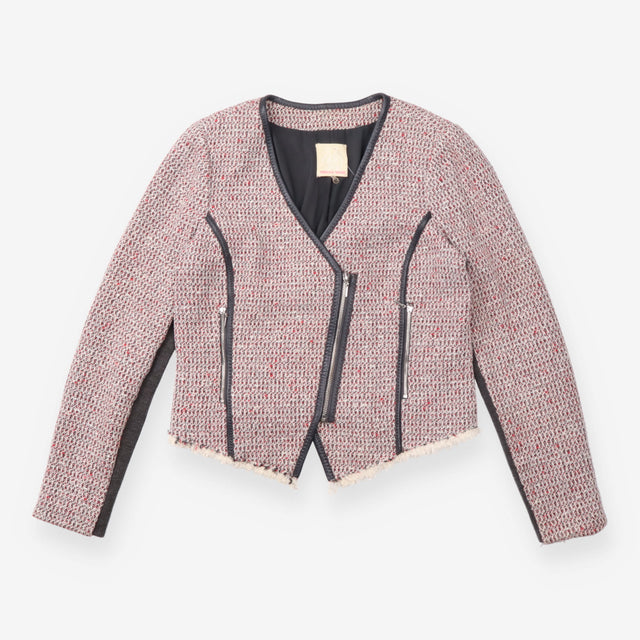 Tweed Jacket Cropped Red Black Zip Detail Raw Hem