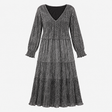 Midi Dress Black Gold Metallic Pleated Tiered V Ne
