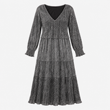 Midi Dress Black Gold Metallic Pleated Tiered V Ne