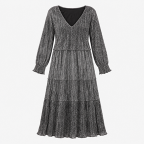 Midi Dress Black Gold Metallic Pleated Tiered V Ne