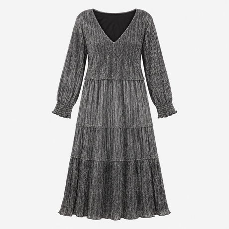Midi Dress Black Gold Metallic Pleated Tiered V Ne