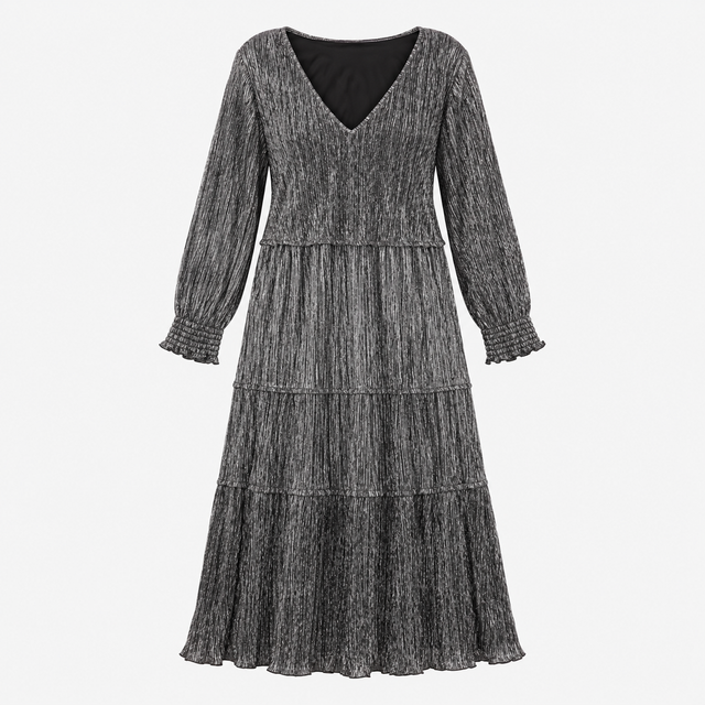 Midi Dress Black Gold Metallic Pleated Tiered V Ne