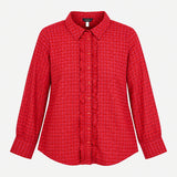 Shirt Red Check Viscose Ruffle Front Plaid Long Sl