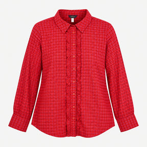 Shirt Red Check Viscose Ruffle Front Plaid Long Sl