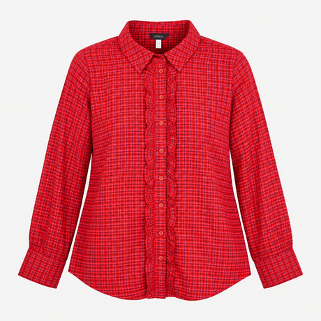 Shirt Red Check Viscose Ruffle Front Plaid Long Sl
