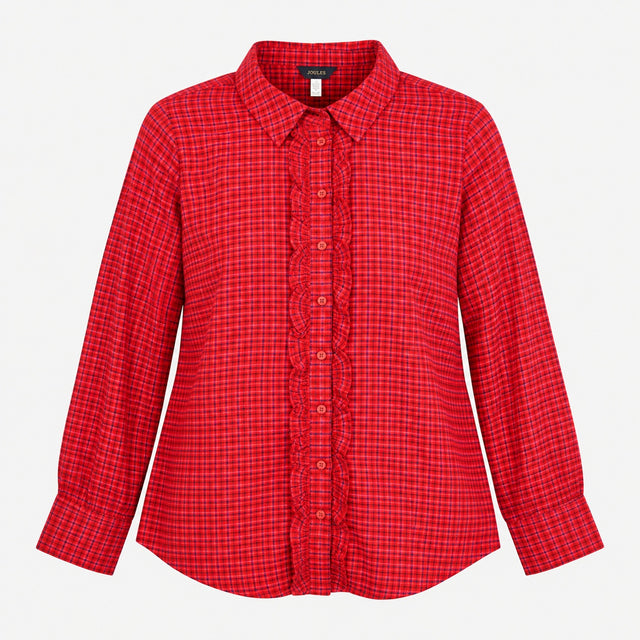 Shirt Red Check Viscose Ruffle Front Plaid Long Sl