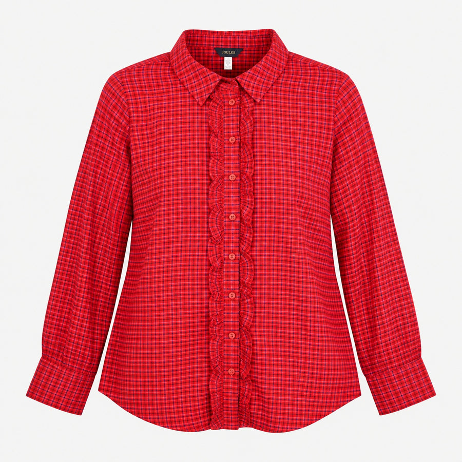 Shirt Red Check Viscose Ruffle Front Plaid Long Sl