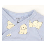 Blue bodysuit long sleeve with white fluffy dogs
