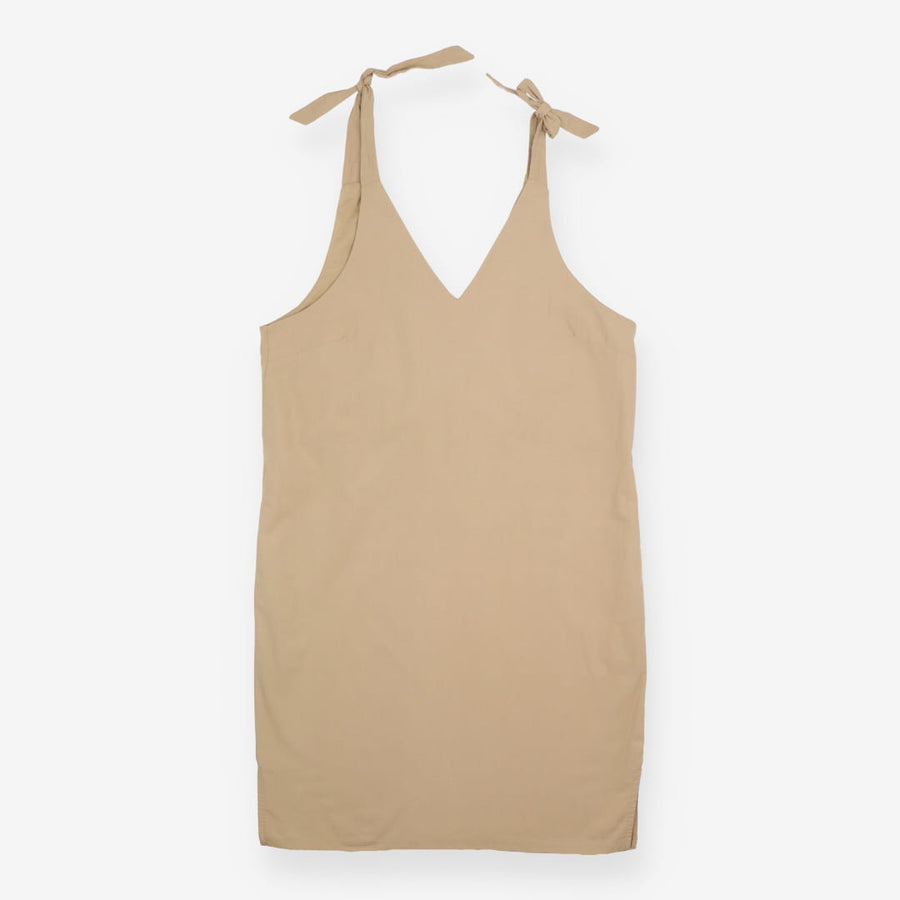 Tie Shoulder Dress Tan Organic Cotton Sleeveless