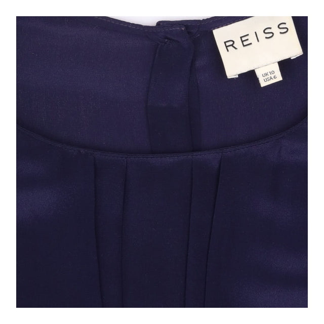 Top Navy Blue 100% Silk Pleated Short Sleeve Crew 