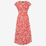 Red Floral Short Sleeve wrap Midi Dress