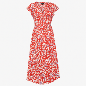 Red Floral Short Sleeve wrap Midi Dress