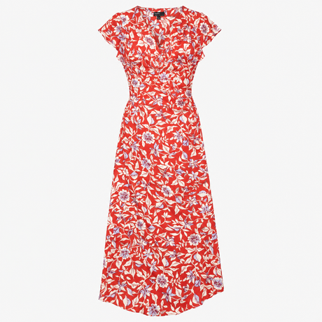 Red Floral Short Sleeve wrap Midi Dress