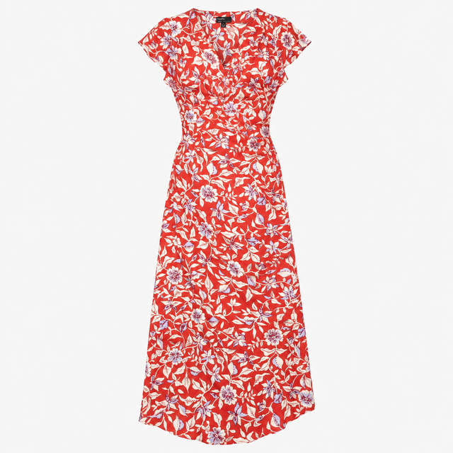 Red Floral Short Sleeve wrap Midi Dress