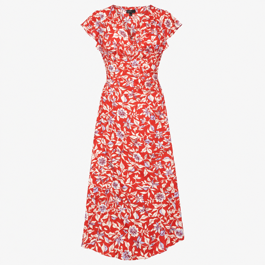 Red Floral Short Sleeve wrap Midi Dress