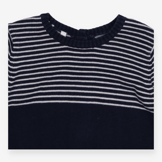 Knit romper navy stripe top and pockets