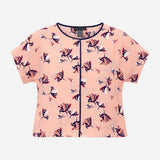 Top Peach Floral Print Short Sleeves Navy Contrast