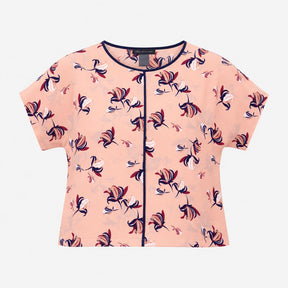 Top Peach Floral Print Short Sleeves Navy Contrast