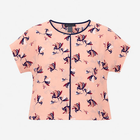Top Peach Floral Print Short Sleeves Navy Contrast