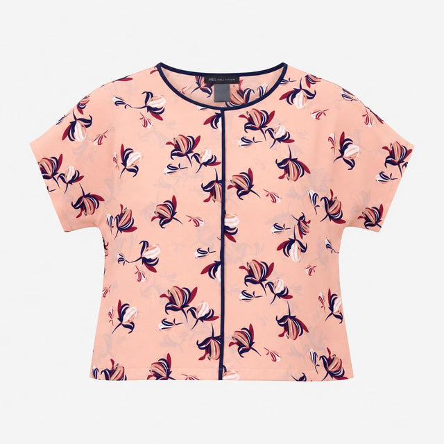 Top Peach Floral Print Short Sleeves Navy Contrast