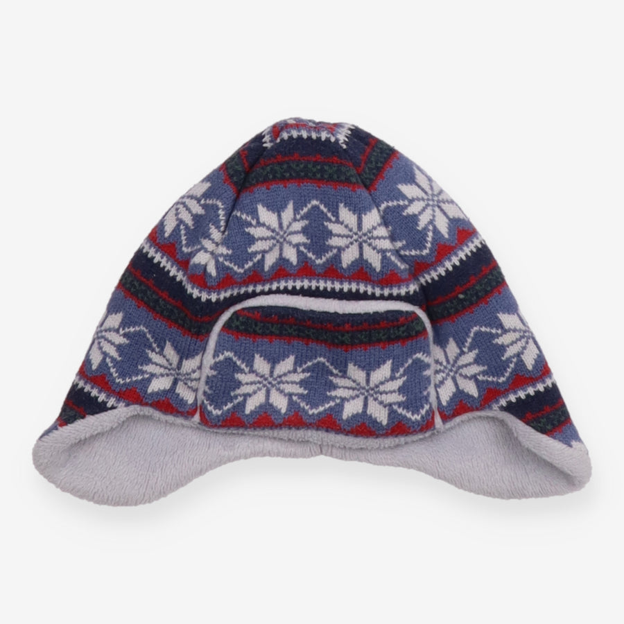 Winter hat knit fur lined blue snowflakes flaps