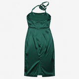 Midi Dress Emerald Green Silk Halter Neck