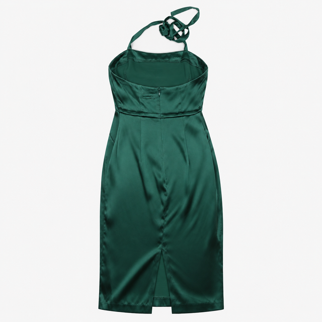 Midi Dress Emerald Green Silk Halter Neck